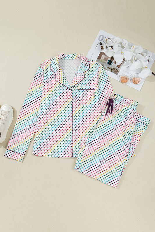 White Pride Heart Print Valentines Long 2pcs Pajama Set