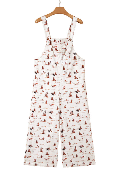 Beige Western Printed Button Adjustable Straps Loose Jumpsuit Dungarees