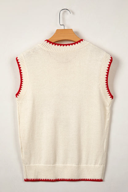 Beige Plaid Crawfish Crew Neck Knit Sweater Vest