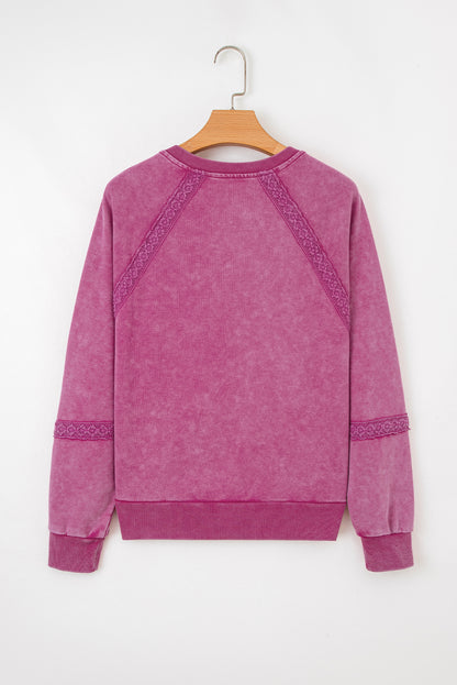 Red Dahlia Lace Patchwork Detail Notched Neck Mineral Wash Baggy Sweatshirt