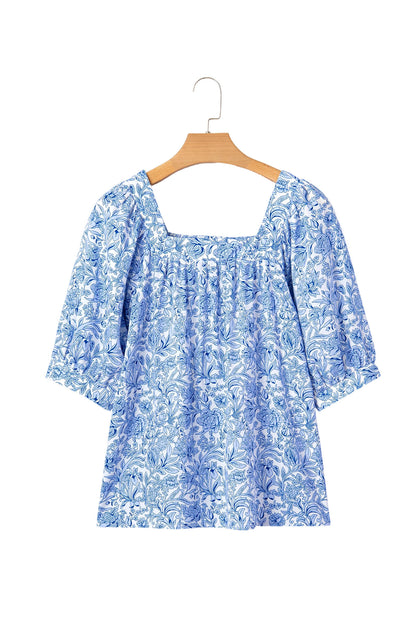Sky Blue Square Neck Short Puff Sleeve Pleated Floral Blouse