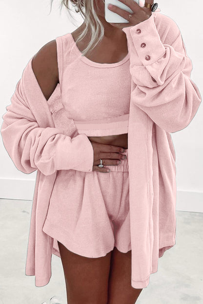 Gray 3 Pcs Crop Tank Top Shorts with Cardigan Lounge Set