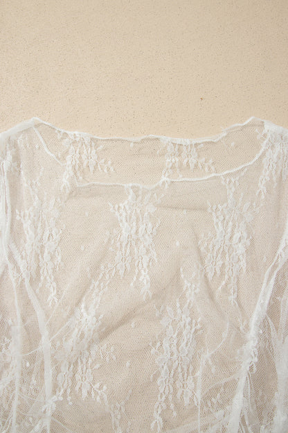 White Exposed Seam Ruched Sheer Floral Mesh Top