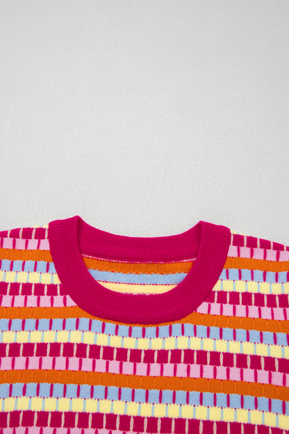 Orange Abstract Striped Knit Short Sleeve Sweater