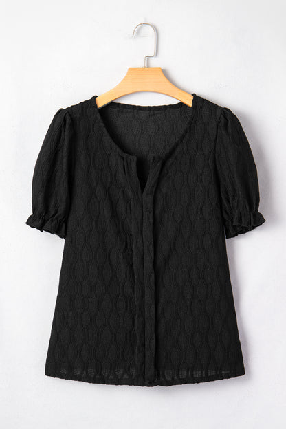 Beau Blue Solid Color Textured Notched Neck Puff Sleeve Blouse
