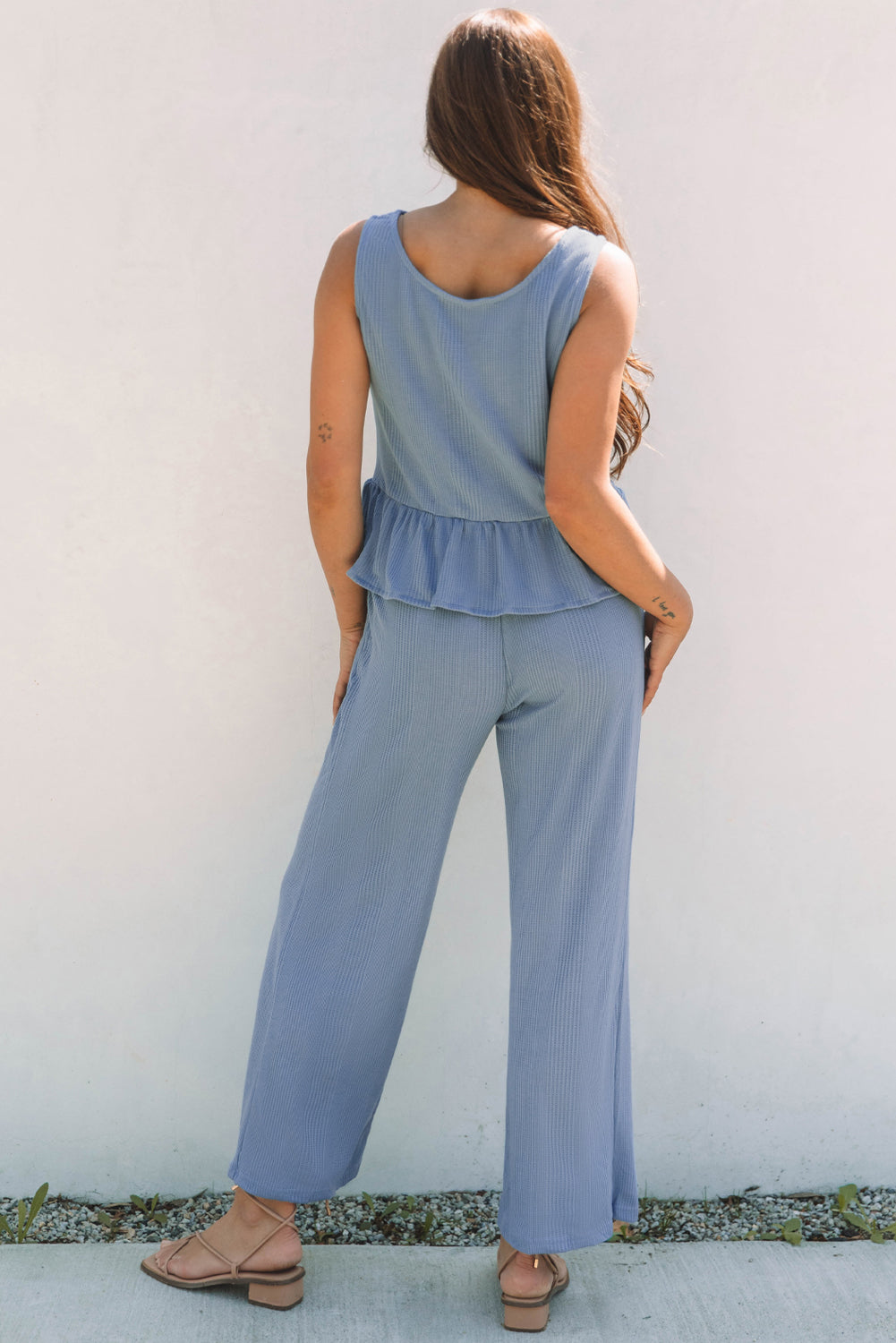 Black Solid Color Ribbed Ruffle Tank Top and Pants Set