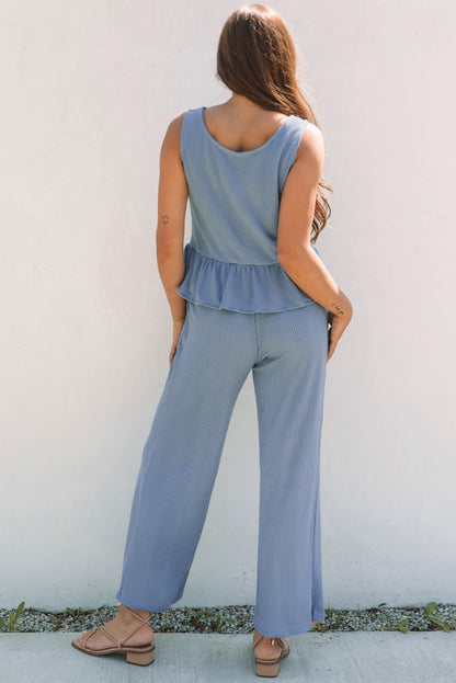 Black Solid Color Ribbed Ruffle Tank Top and Pants Set