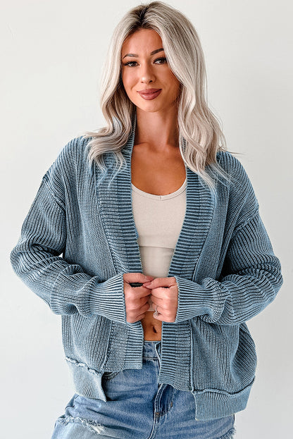 Chestnut Mineral Wash Exposed Seam Patchwork Knit Open Sweater Cardigan