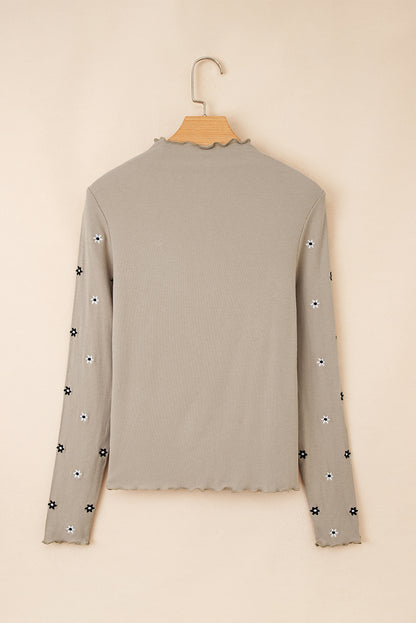 Jet Stream Floral Embroidered Detail Ribbed Long Sleeve Top
