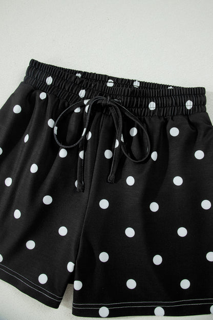 Black Exposed Seam Detail Polka Dot Loose Tee Drawstring Shorts Set