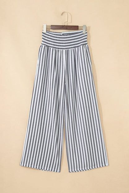 Black Stripe Shirred High Waist Loose Summer Pants