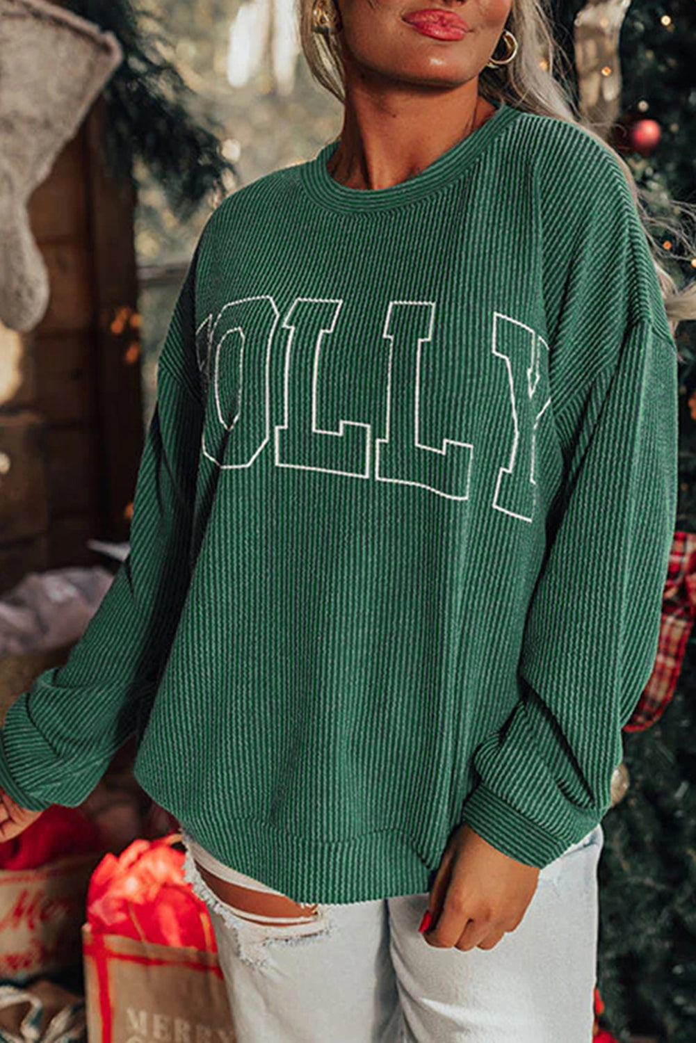 Black Twisted Rib Outlined Merry Letter Graphic Loose Long Sleeve Top