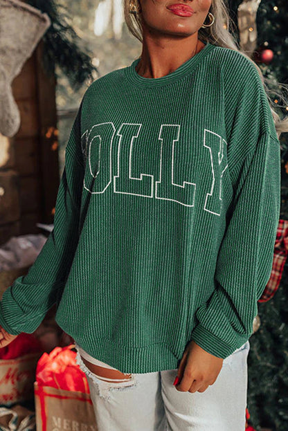 Black Twisted Rib Outlined Merry Letter Graphic Loose Long Sleeve Top