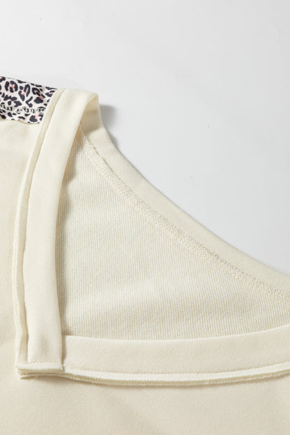 Apricot V Neck Exposed Seam Leopard Color Block Patchwork Half Sleeve Top