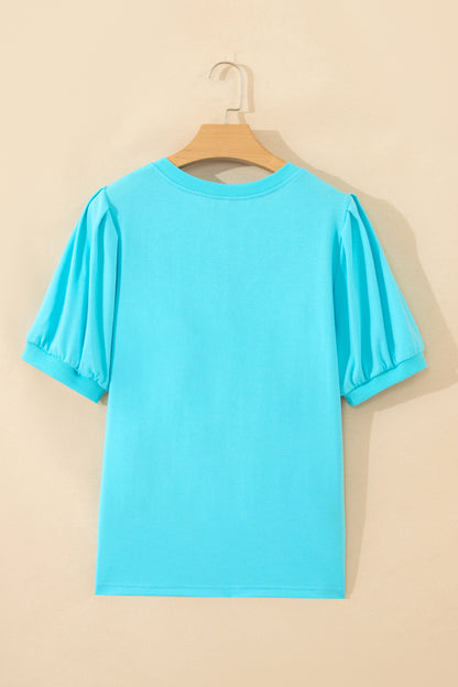 Mint Green Solid Color V Neck Short Puff Sleeve Blouse