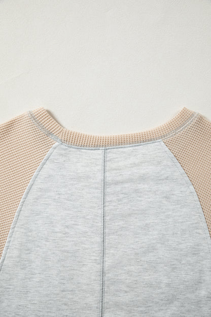 Light Grey Mixed Print Raglan Sleeve Patchwork Exposed Seam Pullover Top