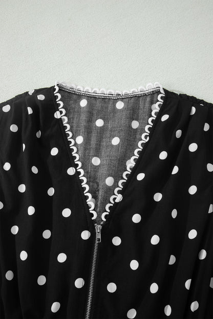 Black Polka Dot Print Contrast Trim V Neck Zip Up Sleeveless Dress