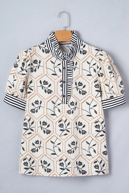 White Floral Print Striped Patchwork Button Neck Short Sleeve Blouse