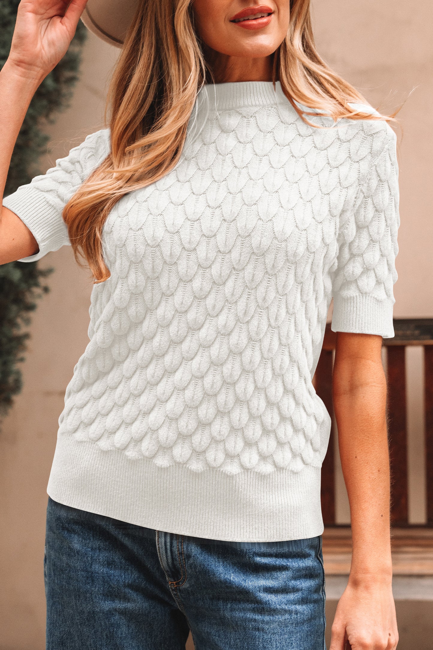 Straw Yellow Fish Scale Textured Knit Ribbed High Neck Short Sleeve Sweater