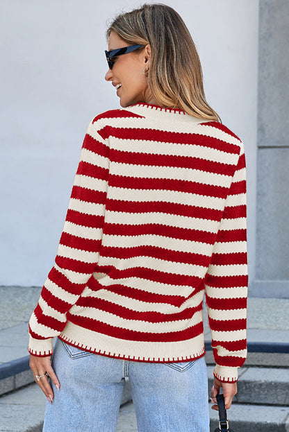 White Stripe Chic Golden Button Cardigan Sweater