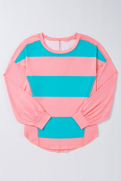 Light Green Colorblock Striped Drop Shoulder Loose Top