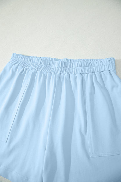 Mist Blue Stitched Detail Loose Tank Top 2pcs Short Set