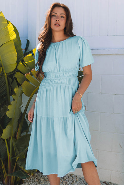 Pink Puff Sleeve Pleated High Waist Flowy Midi Dress
