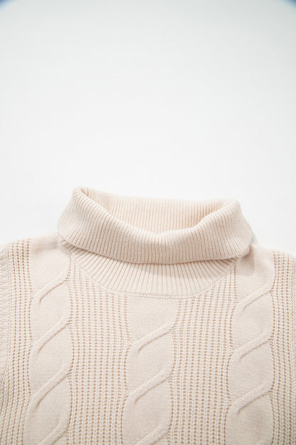 Tomato Red Cable Knit Turtleneck Ruffled Short Sleeve Sweater