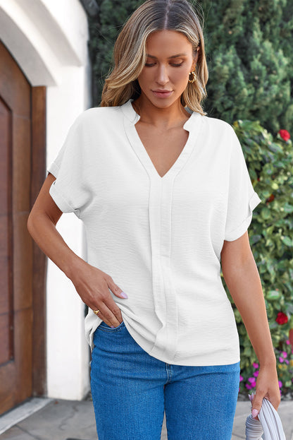 Rose Red Notched Neck Batwing Sleeve Lightweight Blouse