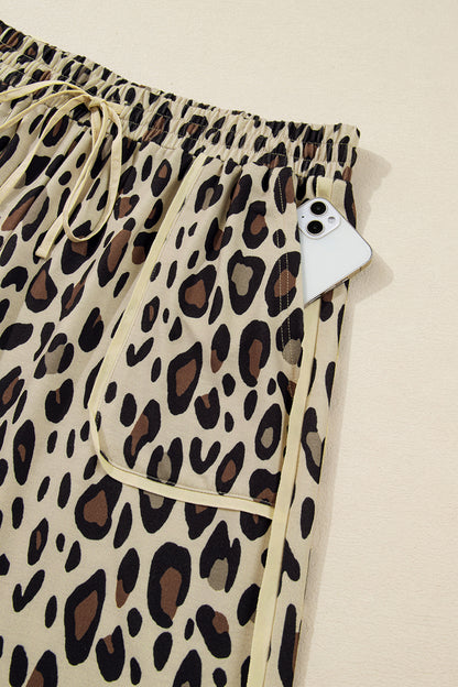 Khaki Exposed Seam Patched Pocket Plus Size Drawstring Leopard Wide Leg Pants