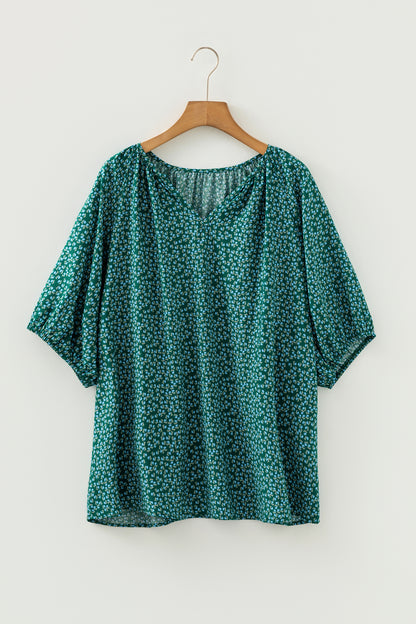 Green Boho Chic Notched V Neck Plus Floral Short Sleeve Top