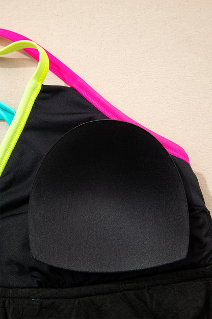 Black Floral Textured Neon Trim V Neck Crisscross Backless Tankini Set