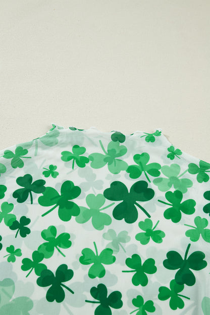 Green Lucky Shamrock Lettuce Trim High Neck Mesh Long Sleeve Top