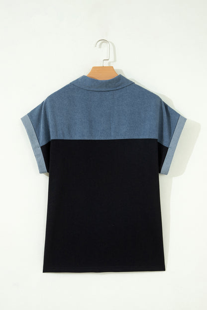 Black Color Block Denim Patchwork Button Polo Collar Short Sleeve Top