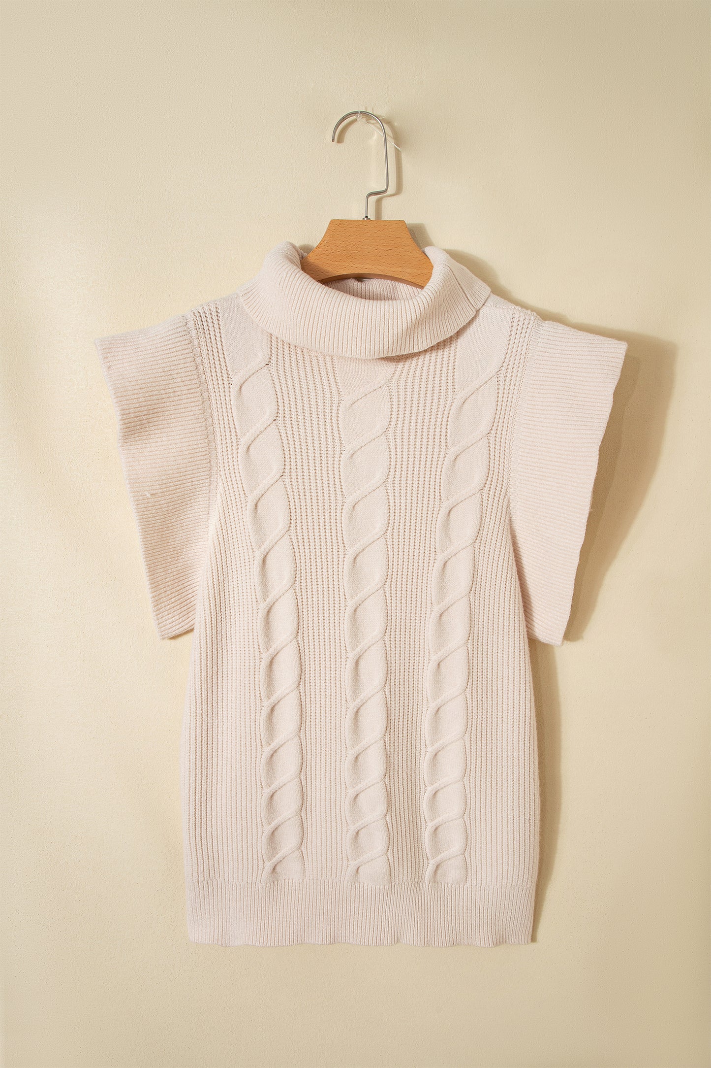 Tomato Red Cable Knit Turtleneck Ruffled Short Sleeve Sweater