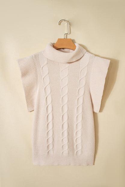 Tomato Red Cable Knit Turtleneck Ruffled Short Sleeve Sweater