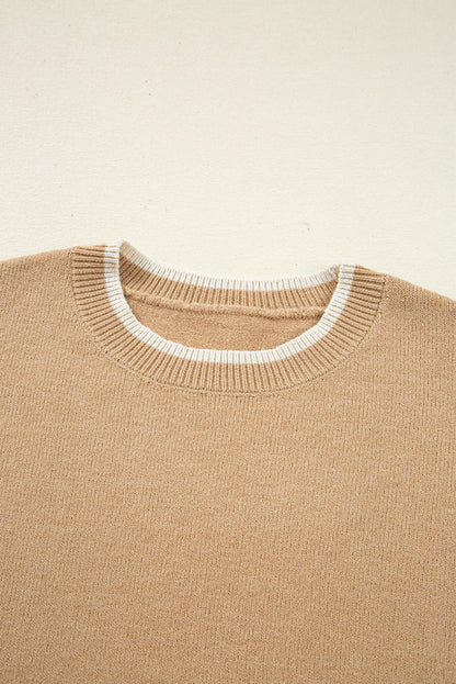 Tan Leopard Bow Decor Split Cuff Contrast Trim Sweater