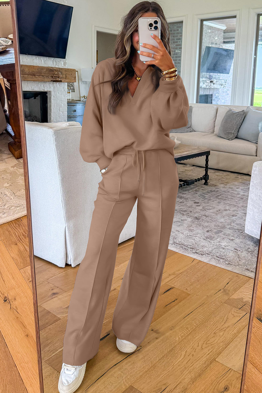 Dark Khaki Polo Collar V Neck Pullover and Drawstring Sweatpants Set