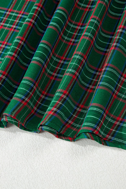 Green Tartan Plaid Square Neck Puff Sleeve Knot Waist Flared Midi Dress