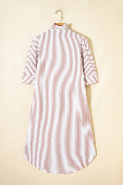 Khaki Stripe Frilled Collar Half Sleeve Shirt Maxi Dress