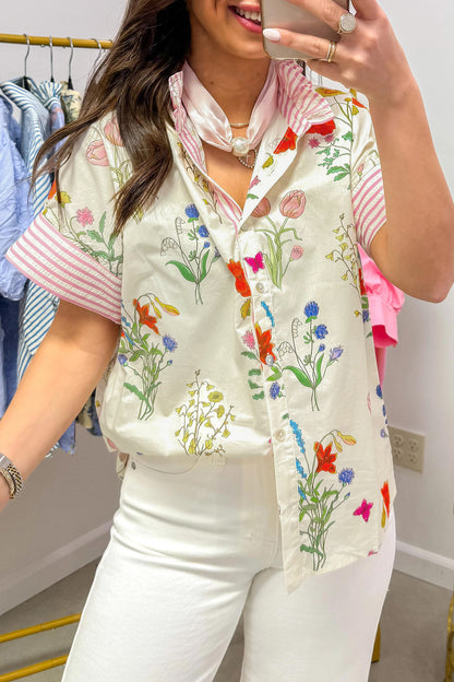 Sky Blue Floral Striped Patchwork Ruffled Collar Short Sleeve Shirt