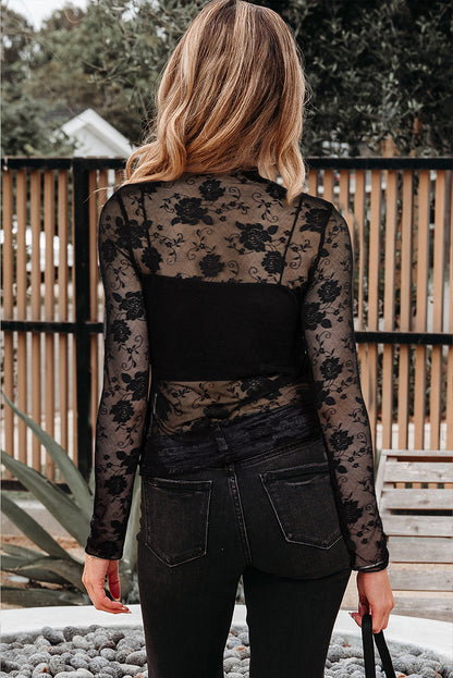 White Sheer Floral Lace Mesh Mock Neck Long Sleeve Top