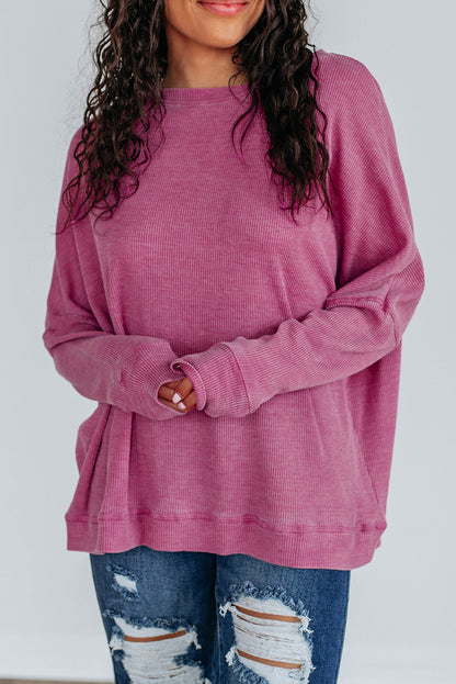 Mist Green Waffle Knit Patchwork Long Sleeve Loose Top
