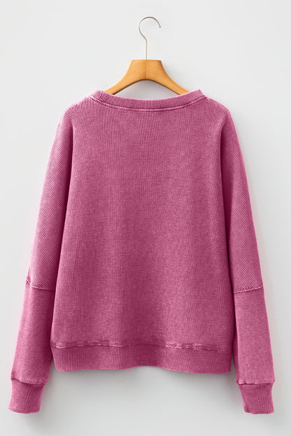 Mist Green Waffle Knit Patchwork Long Sleeve Loose Top