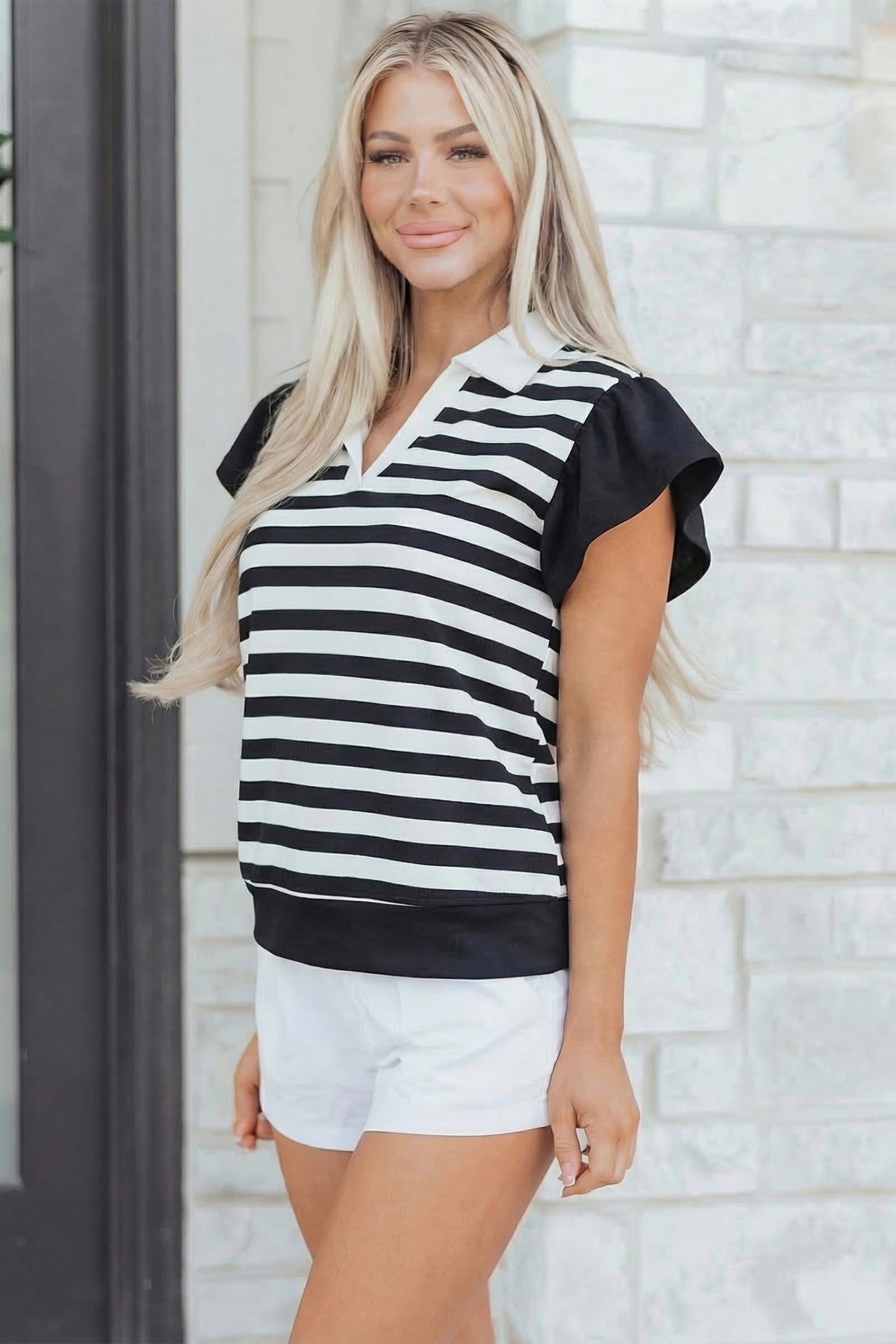 Green Stripe Collar V Neck Ruffled Short Sleeve Blouse