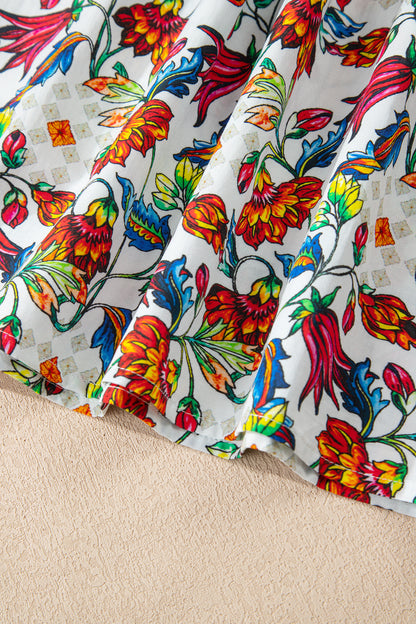 Multicolour Contrasted V Neckline Floral Puff Short Sleeve Blouse