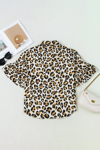 Khaki Leopard Print Ruffle Trim 3/4 Sleeve Loose Shirt