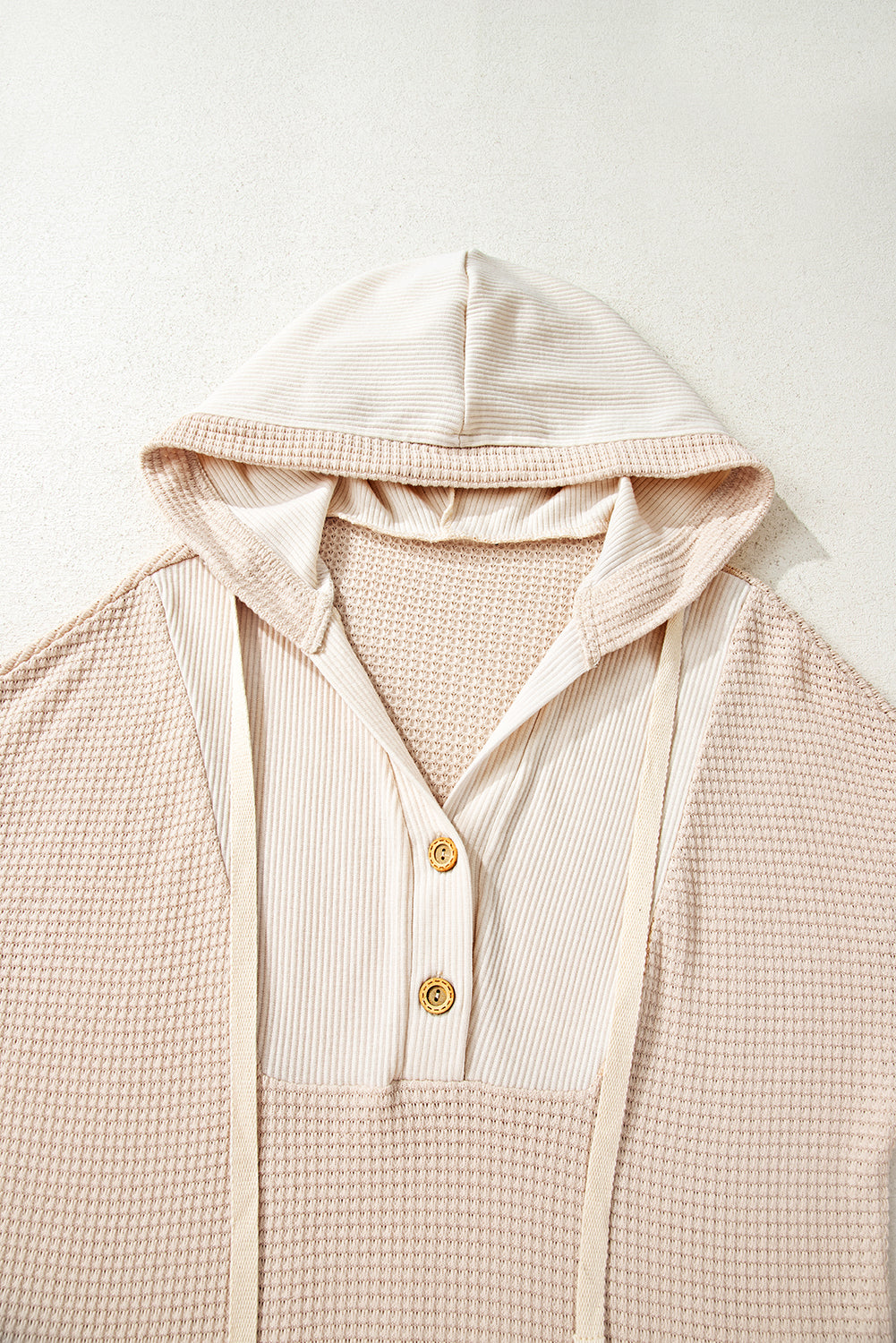 Racing Red Waffle Patchwork Drop Shoulder Hooded Long Sleeve Top