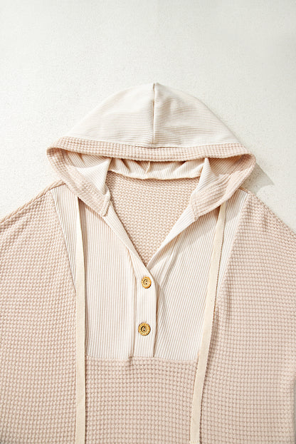Racing Red Waffle Patchwork Drop Shoulder Hooded Long Sleeve Top