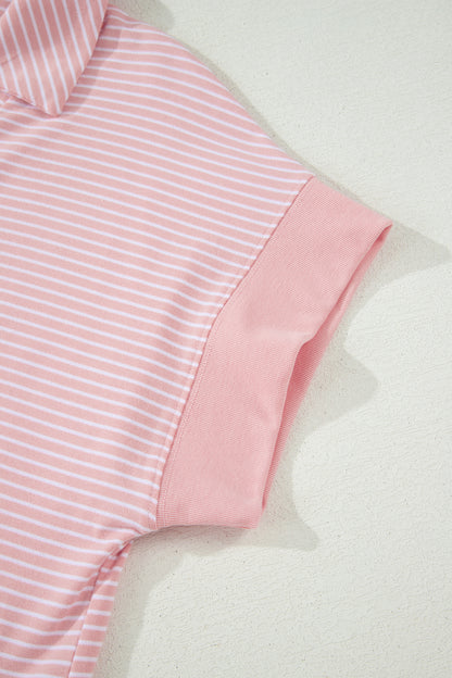 Khaki Stripe Dolman Sleeve Polo Shirt and Drawstring Shorts Set